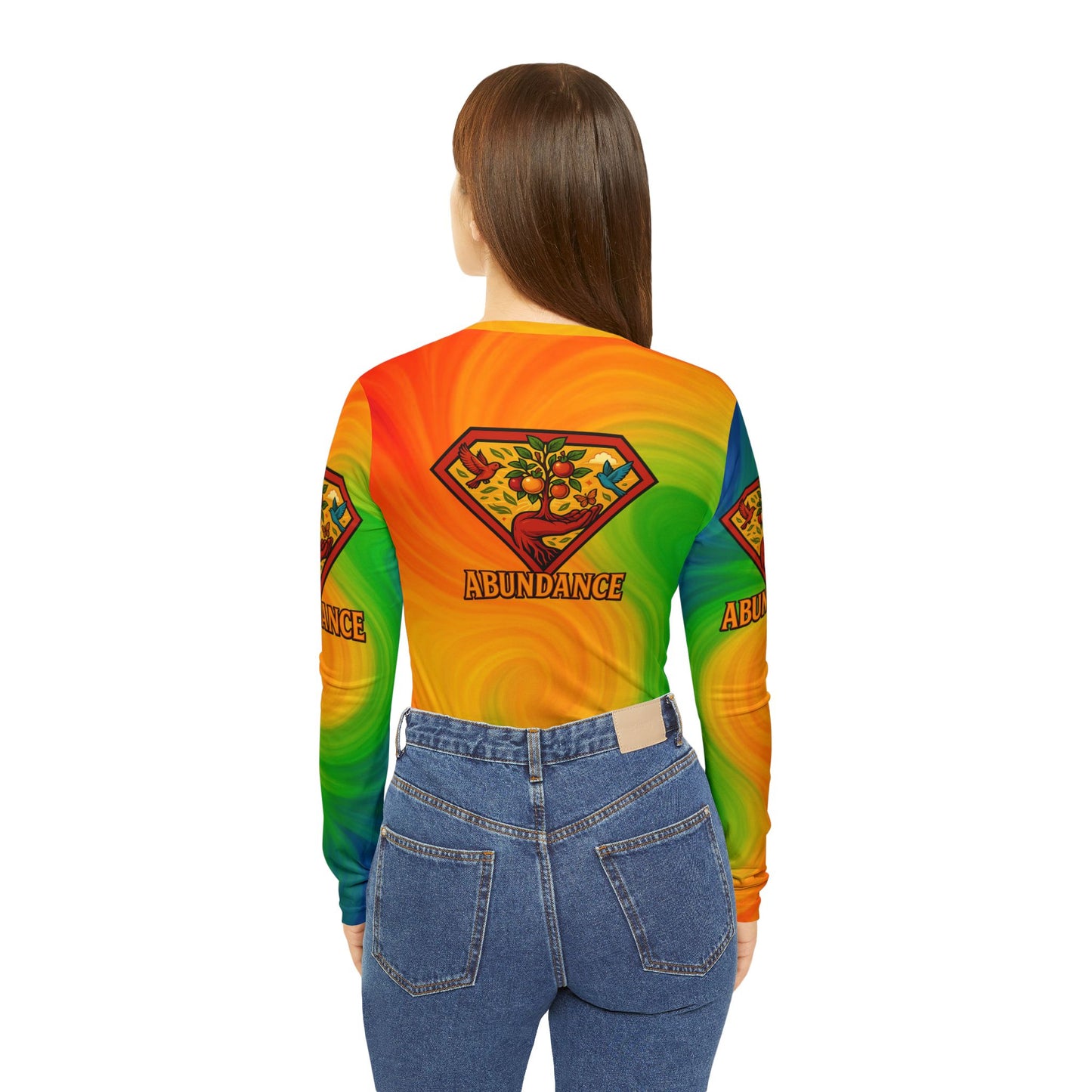 Abundance Long Sleeve V-neck Shirt, Rainbow Vibe Top, Gift for Her, Boho Style Apparel, Positive Energy Wear, Colorful Everyday Fashion