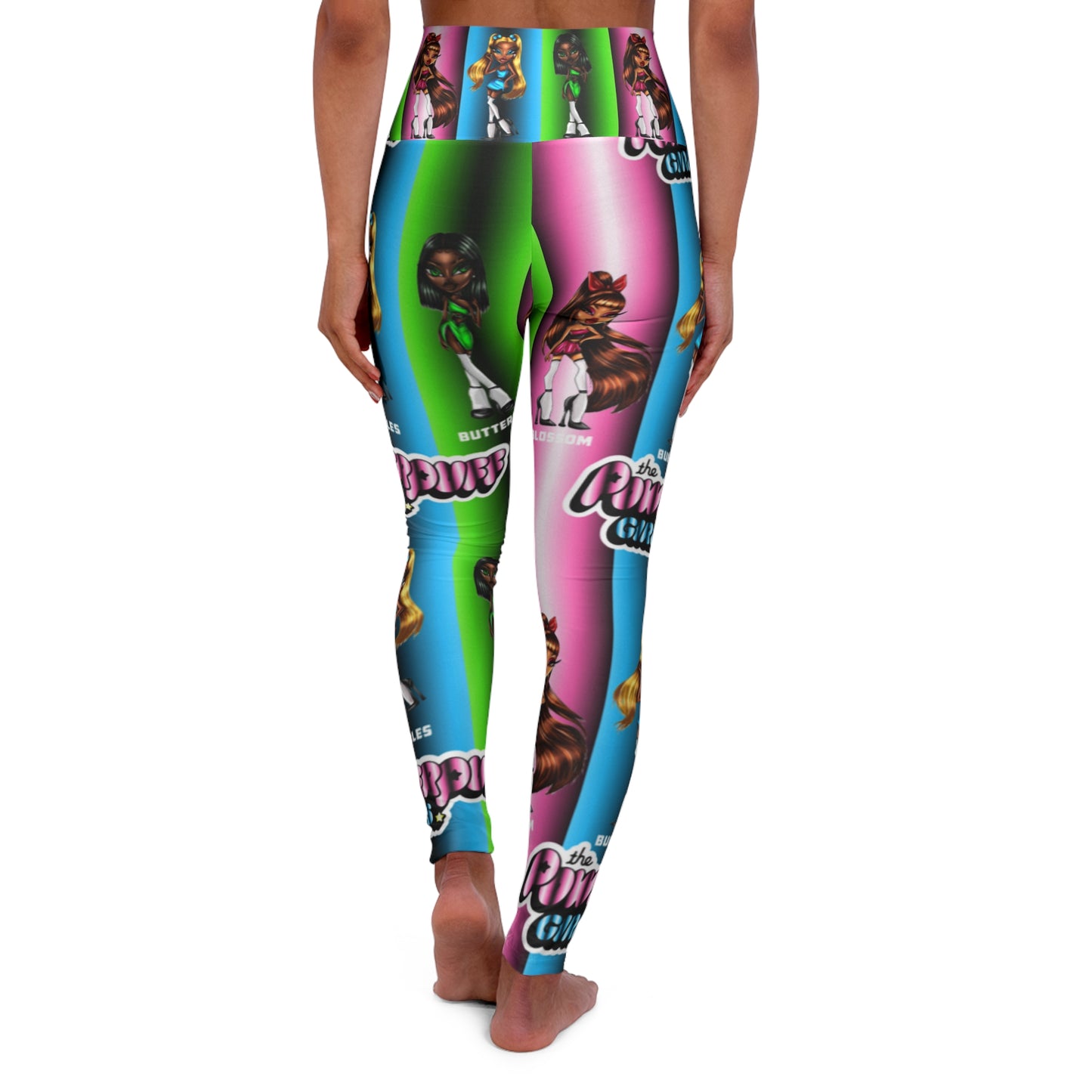 The Powerpuff girls gradient green blue and pink High Waisted Yoga Leggings