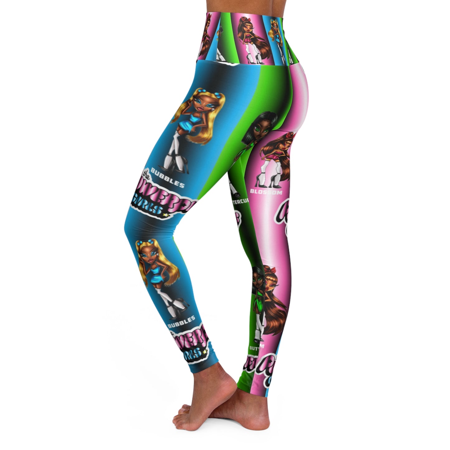 The Powerpuff girls gradient green blue and pink High Waisted Yoga Leggings