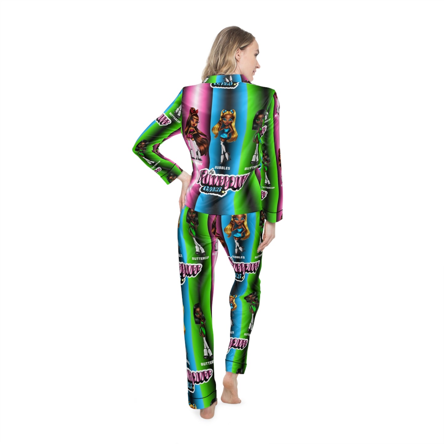 The Powerpuff girls gradient and green and pink Women's Satin Pajamas (AOP)
