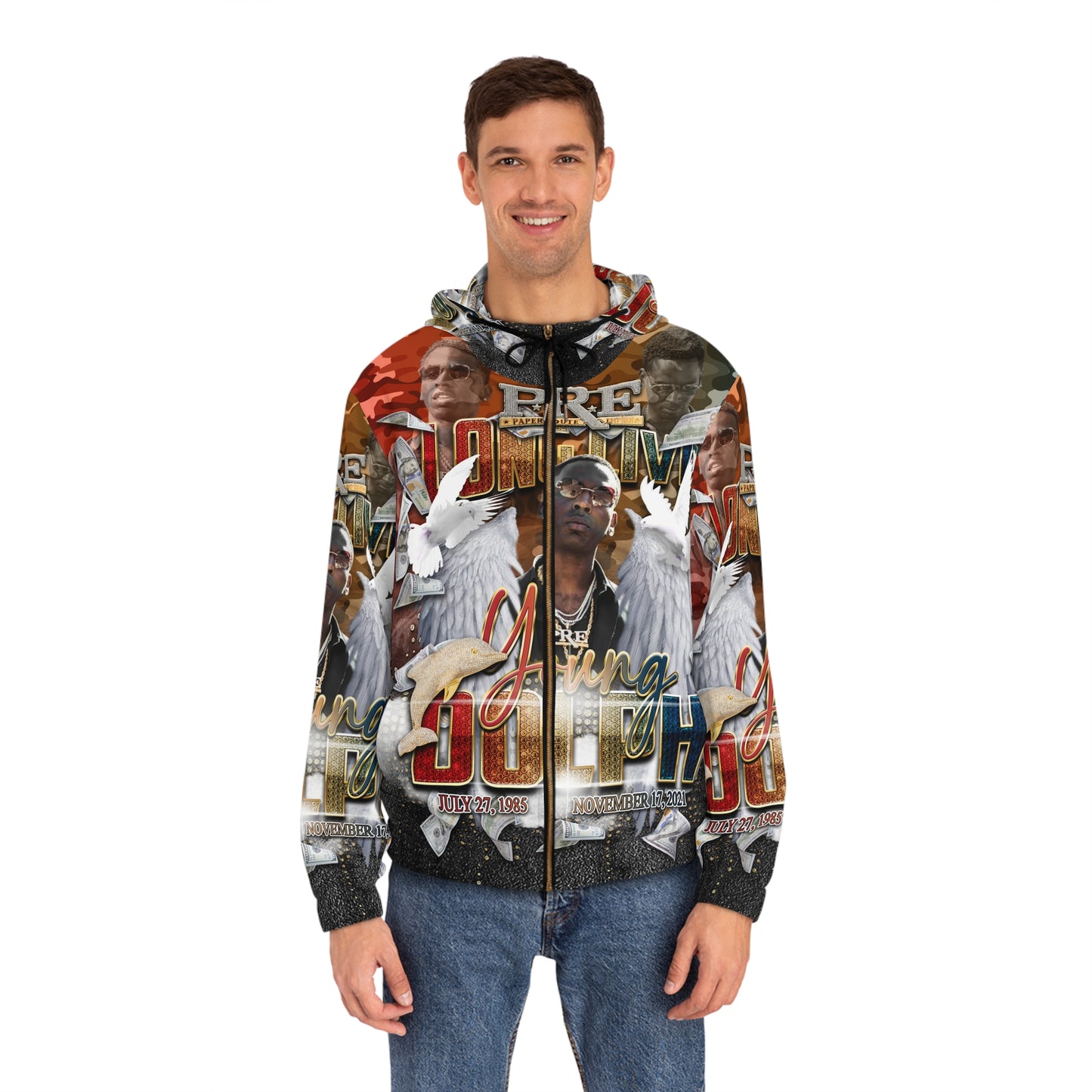 Young Dolph multi-color camouflage Men's Full-Zip Hoodie (AOP)