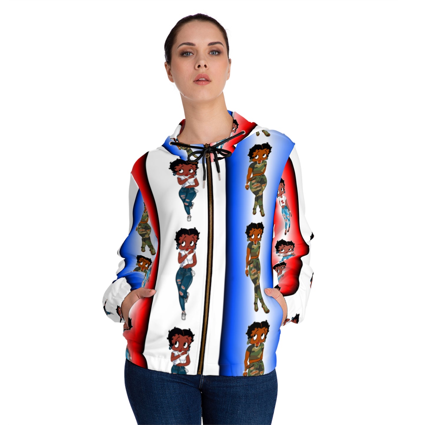 Betty boop red white and blue Womens Full-Zip Hoodie (AOP)