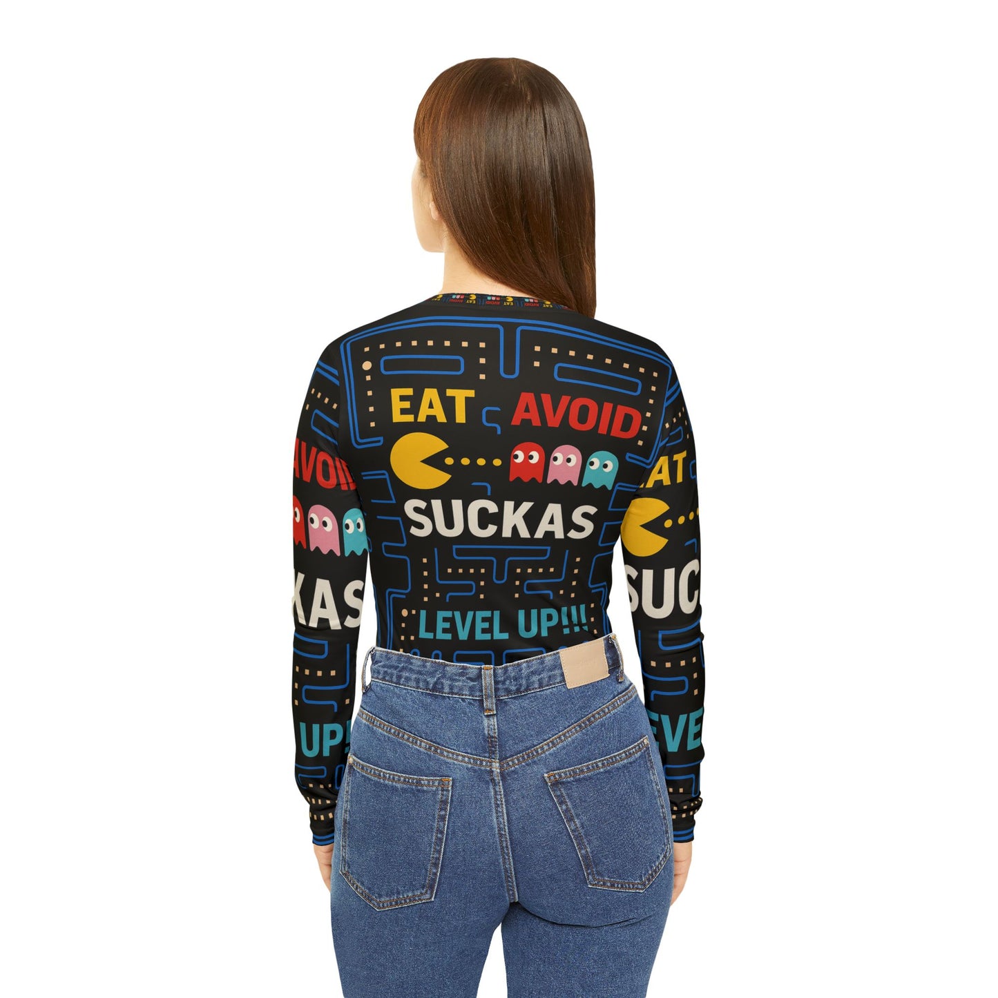 Eat, avoid suckers, level up Women's Long Sleeve Graphic V-Neck Shirt, Fun Comic Pop Art Top, Casual Wear, Gift for Her, Birthday Tee, Statement Shirt