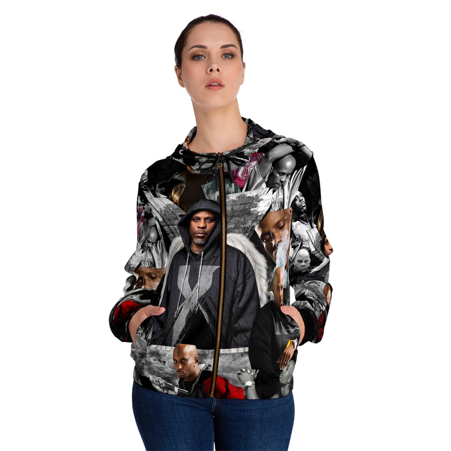 DMX black and gray Womens Full-Zip Hoodie (AOP)