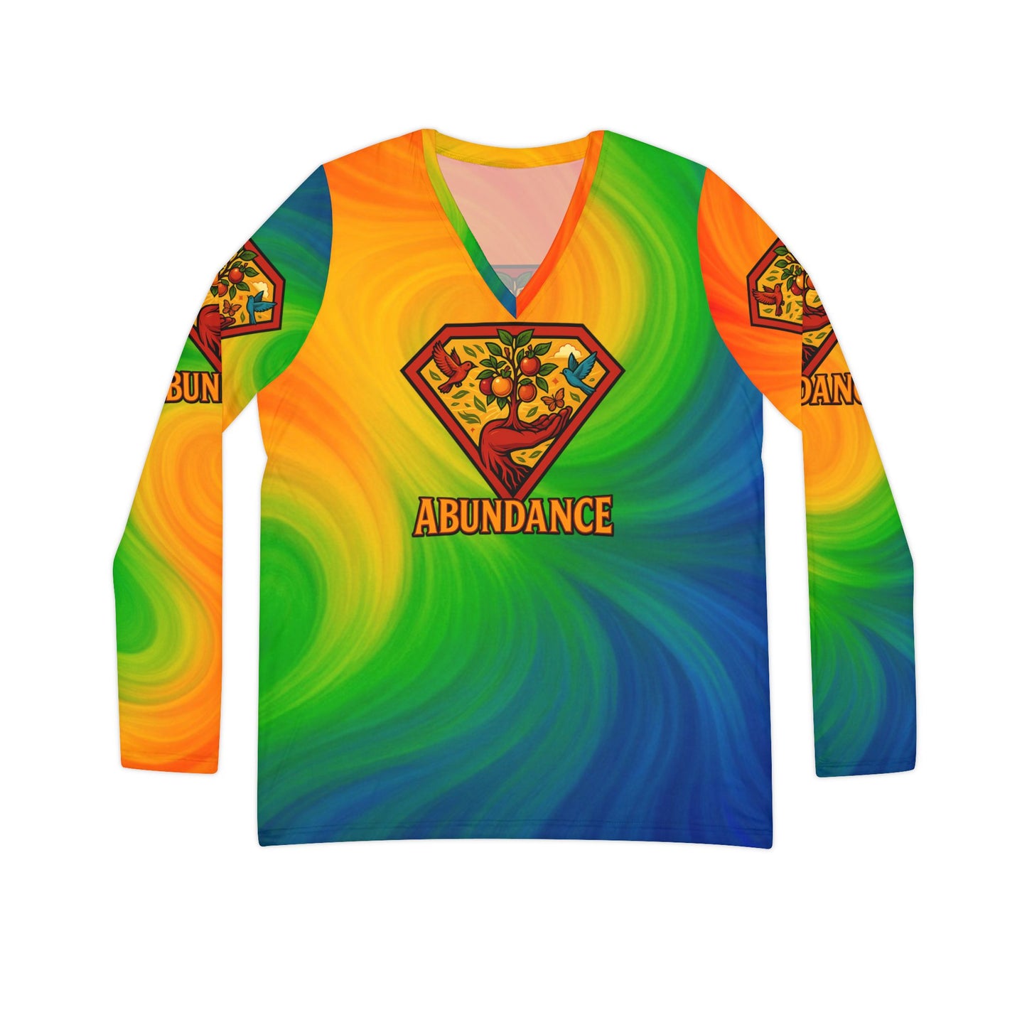 Abundance Long Sleeve V-neck Shirt, Rainbow Vibe Top, Gift for Her, Boho Style Apparel, Positive Energy Wear, Colorful Everyday Fashion