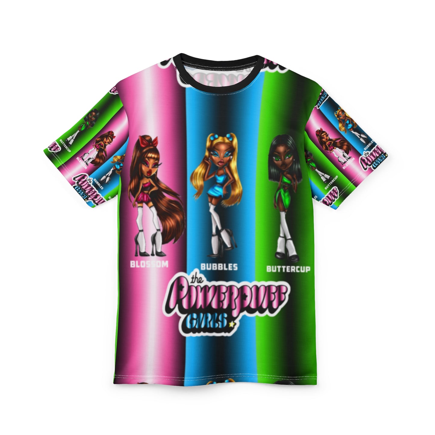 The Powerpuff girls gradient green blue and pink Unisex AOP Cut & Sew Tee