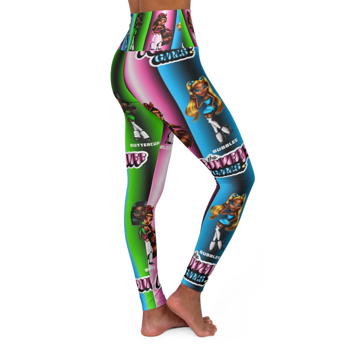 The Powerpuff girls gradient green blue and pink High Waisted Yoga Leggings