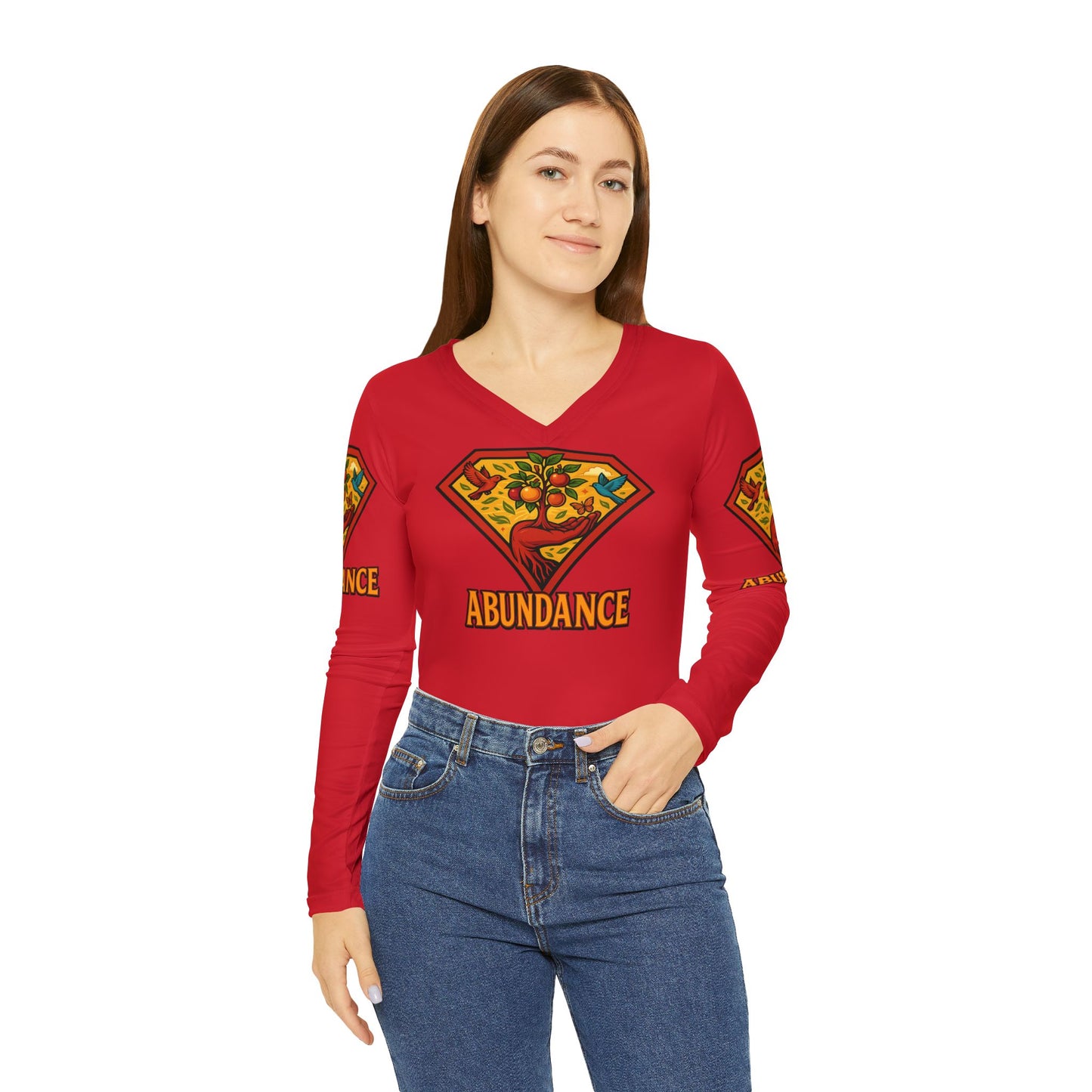 Abundance Long Sleeve V-neck Shirt, Rainbow Vibe Top, Gift for Her, Boho Style Apparel, Positive Energy Wear, Colorful Everyday Fashion