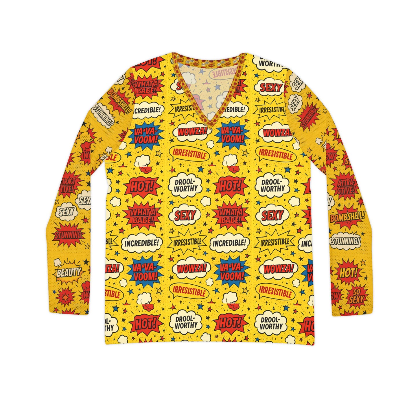 Positive affirmations yellow Women's Long Sleeve Graphic V-Neck Shirt, Fun Comic Pop Art Top, Casual Wear, Gift for Her, Birthday Tee, Statement Shirt