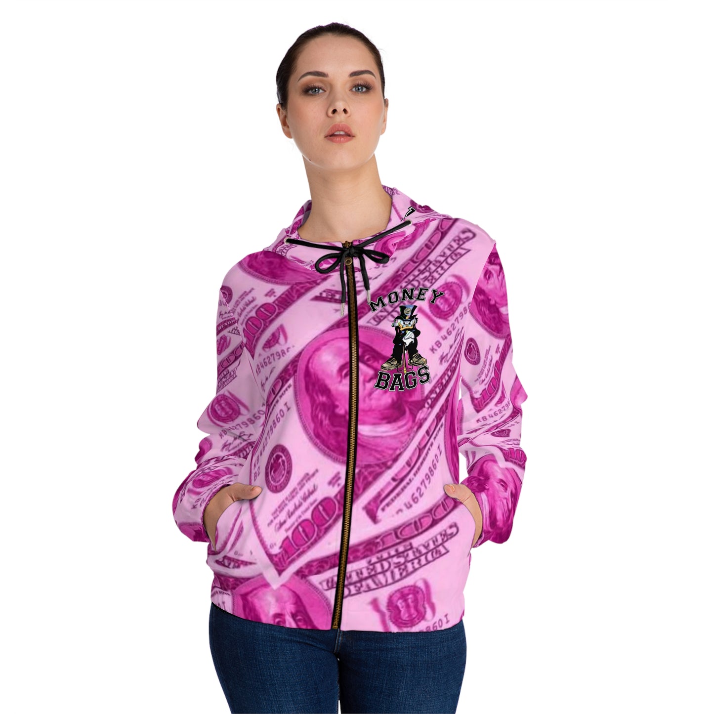 Money bags pink Women’s Full-Zip Hoodie (AOP)