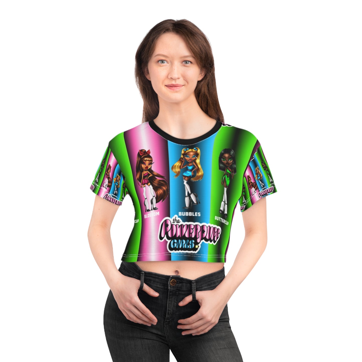 Powerpuff girls gradient green blue and pink AOP Crop Tee