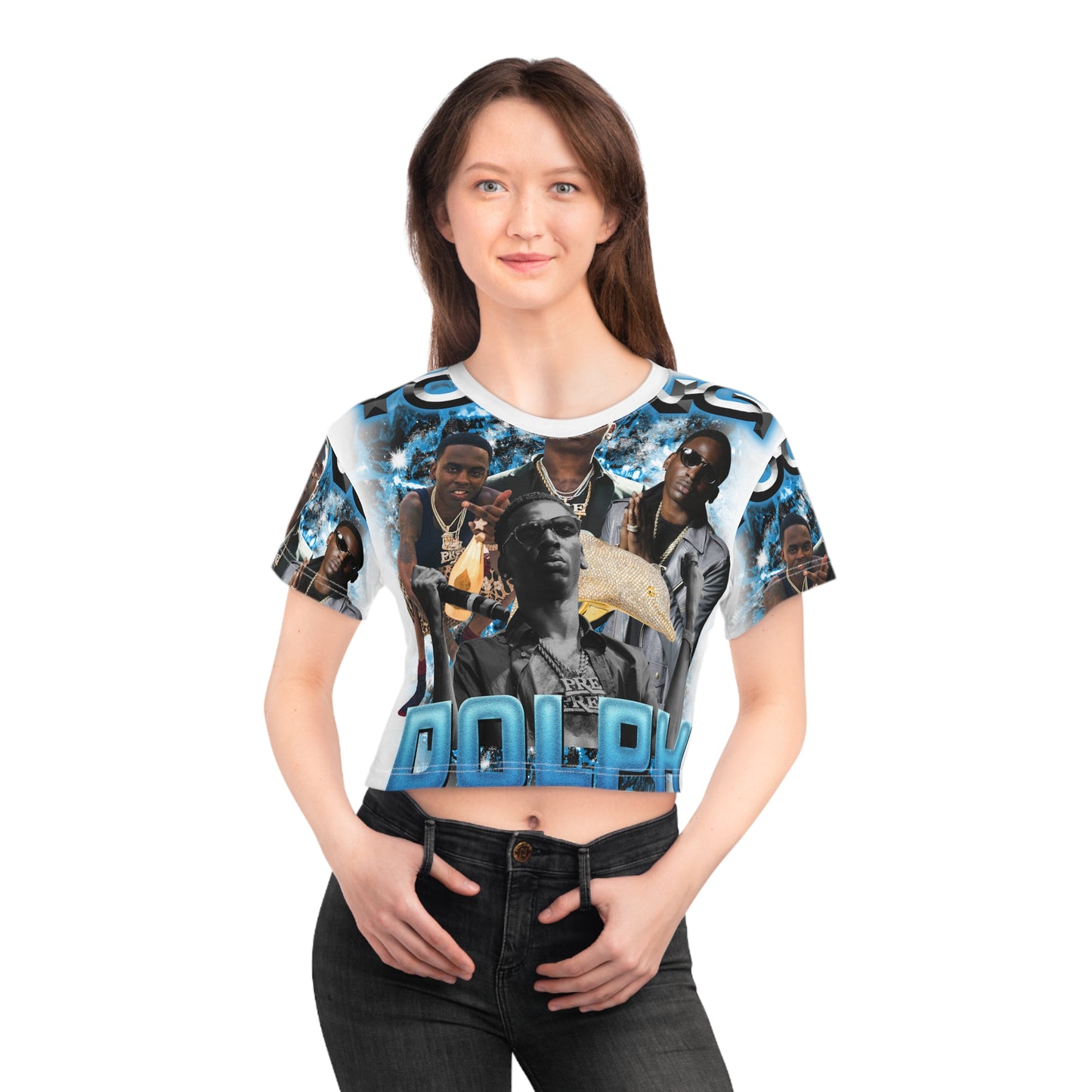 Young Dolph Blue on white AOP Crop Tee