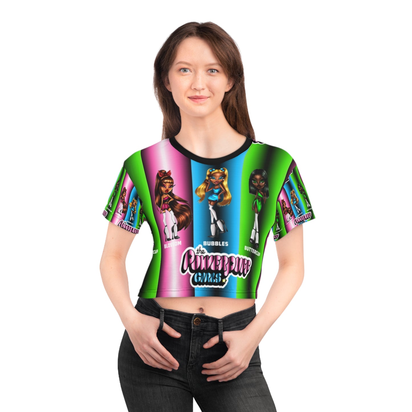 Powerpuff girls gradient green blue and pink AOP Crop Tee