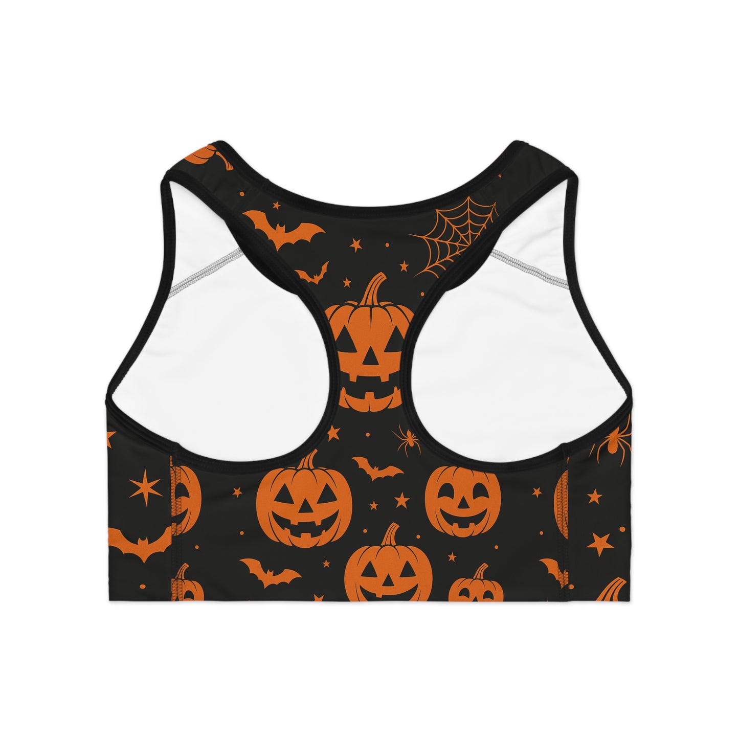 Halloween-Themed Sports Bra for Festive Workouts, Pumpkin Print Athletic Top, Spooky Fitness Gear, Holiday Activewear, Seasonal Gym Wear