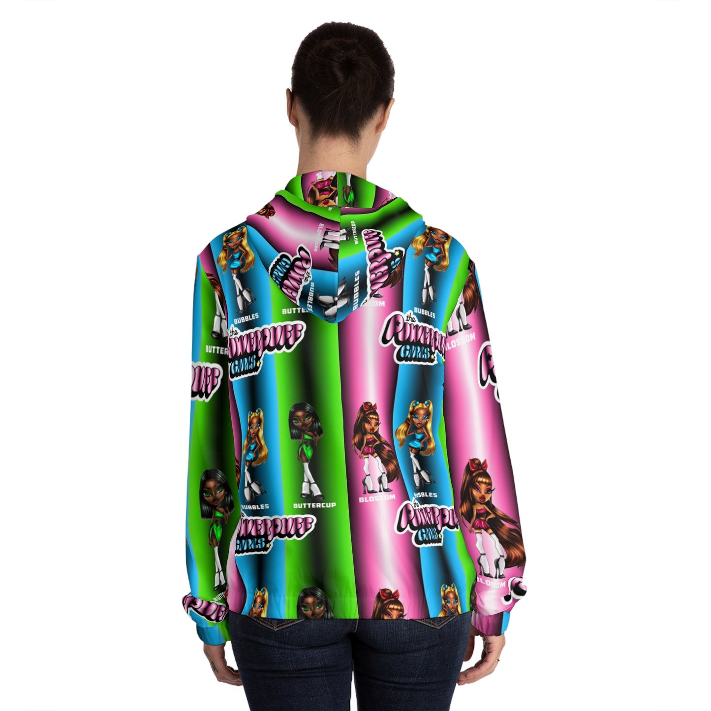 The Powerpuff girls gradient green blue and pink Womens Full-Zip Hoodie (AOP)
