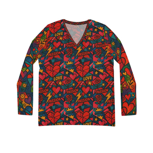 Love ,passion, Queen ,Valentine's Day theme Long Sleeve V-neck Shirt, Rainbow Vibe Top, Gift for Her, Boho Style Apparel, Positive Energy Wear, Colorful Everyday Fashion