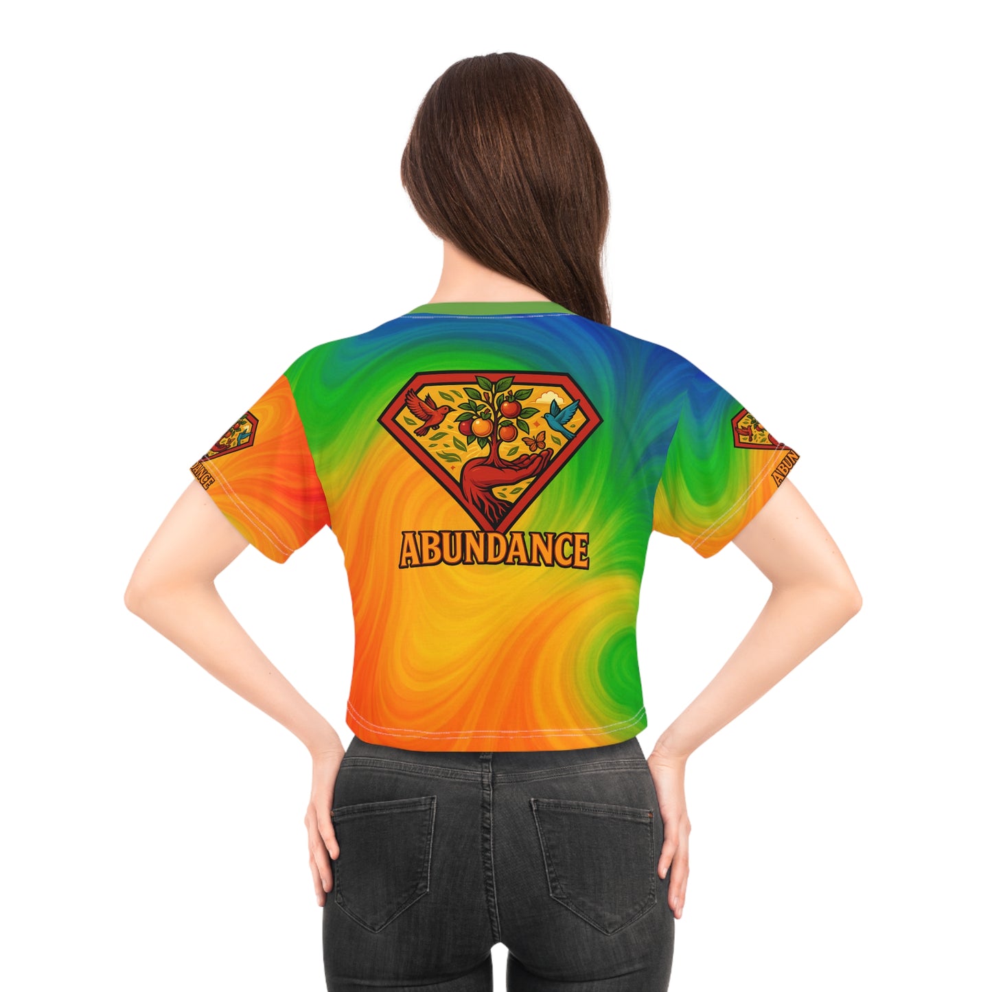 Abundance Vibrant multi colorful Crop Tee, Superhero Style Shirt, Unique Boho Top, Colorful Summer Wear, Gift for Her, Festival Fashion