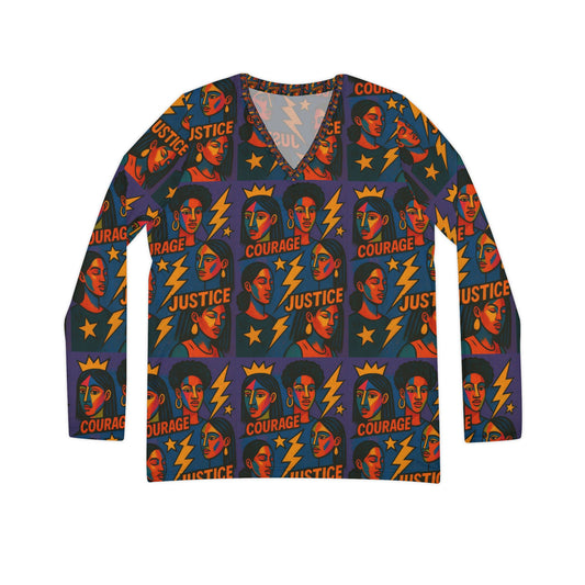 Courage ,Justice Long Sleeve V-neck Shirt, Rainbow Vibe Top, Gift for Her, Boho Style Apparel, Positive Energy Wear, Colorful Everyday Fashion