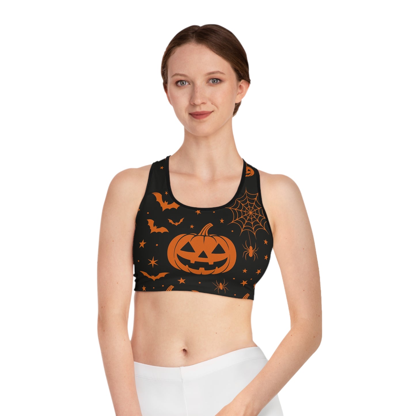 Halloween-Themed Sports Bra for Festive Workouts, Pumpkin Print Athletic Top, Spooky Fitness Gear, Holiday Activewear, Seasonal Gym Wear