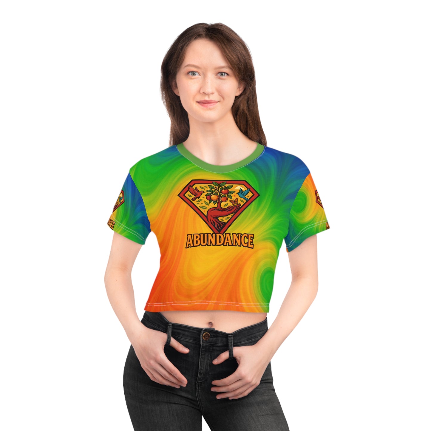 Abundance Vibrant multi colorful Crop Tee, Superhero Style Shirt, Unique Boho Top, Colorful Summer Wear, Gift for Her, Festival Fashion