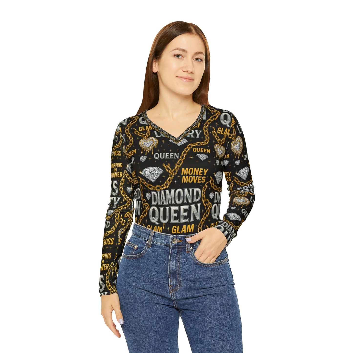 Diamond Queen Boss beauty Women's Long Sleeve Graphic V-Neck Shirt, Fun Comic Pop Art Top, Casual Wear, Gift for Her, Birthday Tee, Statement Shirt