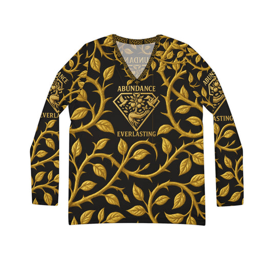 Abundance Everlasting black and gold Women's Long Sleeve Graphic V-Neck Shirt, Fun Comic Pop Art Top, Casual Wear, Gift for Her, Birthday Tee, Statement Shirt