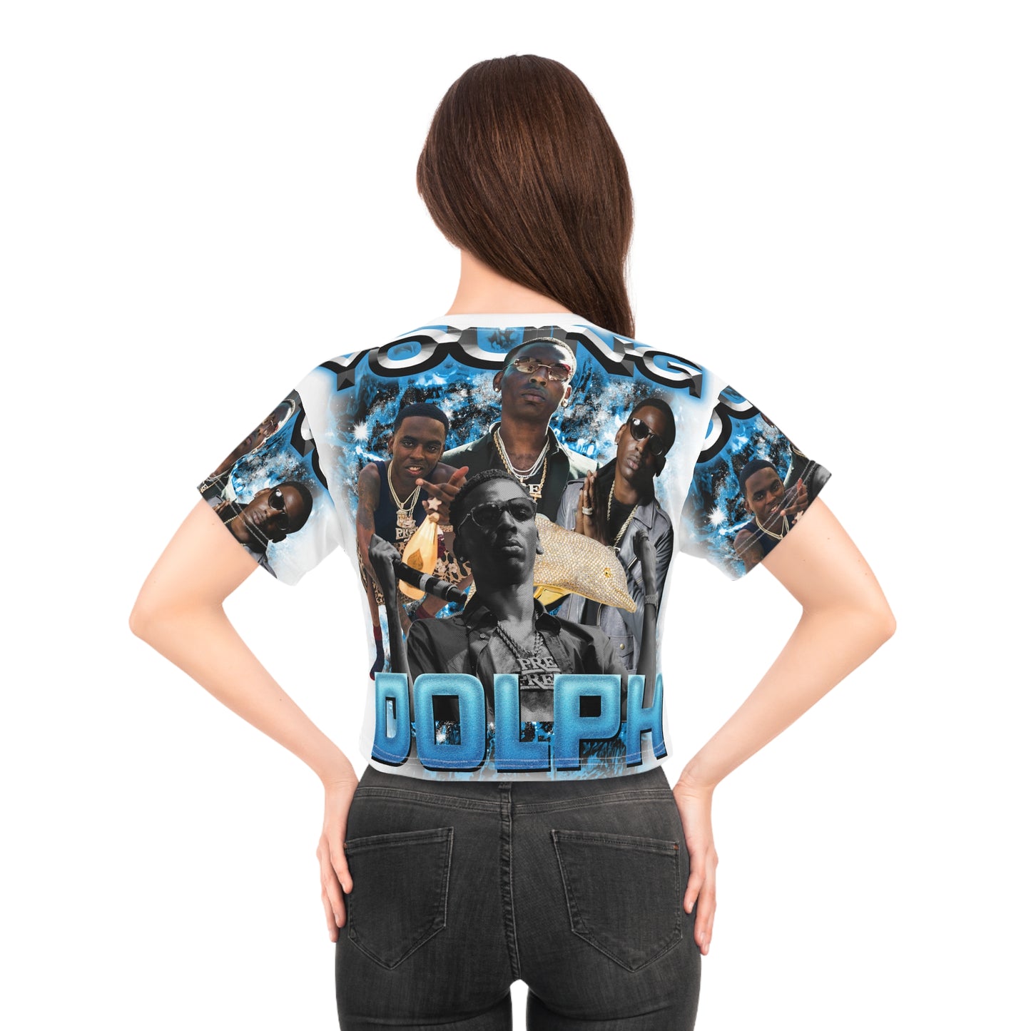 Young Dolph Blue on white AOP Crop Tee
