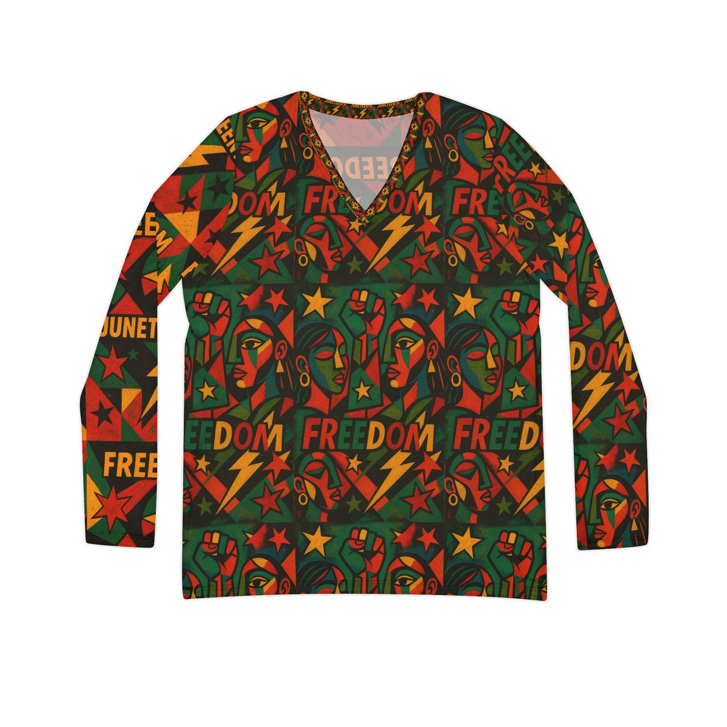 Juneteenth ,freedom theme Women's Long Sleeve Graphic V-Neck Shirt, Fun Comic Pop Art Top, Casual Wear, Gift for Her, Birthday Tee, Statement Shirt