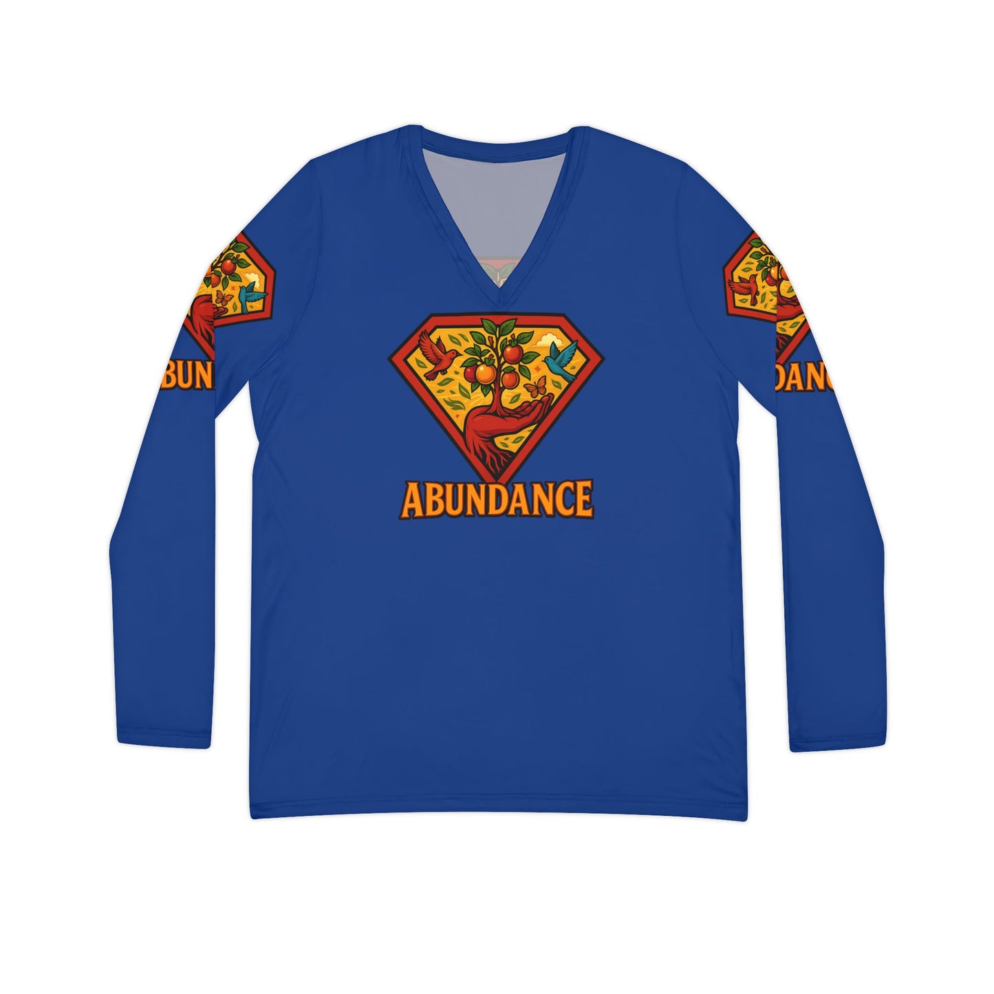 Abundance Long Sleeve V-neck Shirt, Rainbow Vibe Top, Gift for Her, Boho Style Apparel, Positive Energy Wear, Colorful Everyday Fashion