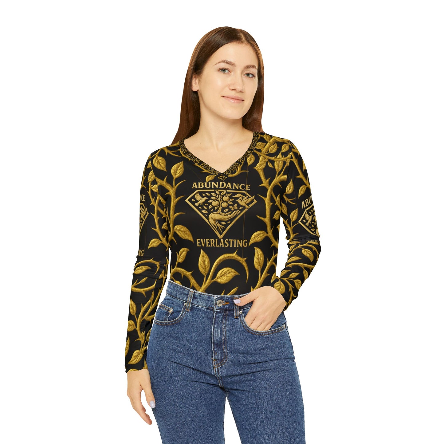 Abundance Everlasting black and gold Women's Long Sleeve Graphic V-Neck Shirt, Fun Comic Pop Art Top, Casual Wear, Gift for Her, Birthday Tee, Statement Shirt