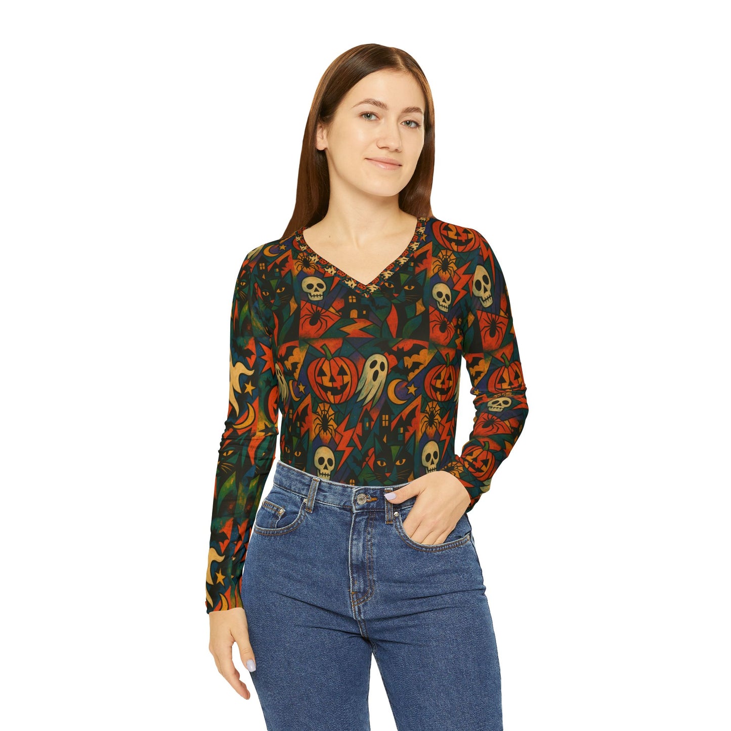 Halloween theme Long Sleeve V-neck Shirt, Rainbow Vibe Top, Gift for Her, Boho Style Apparel, Positive Energy Wear, Colorful Everyday Fashion