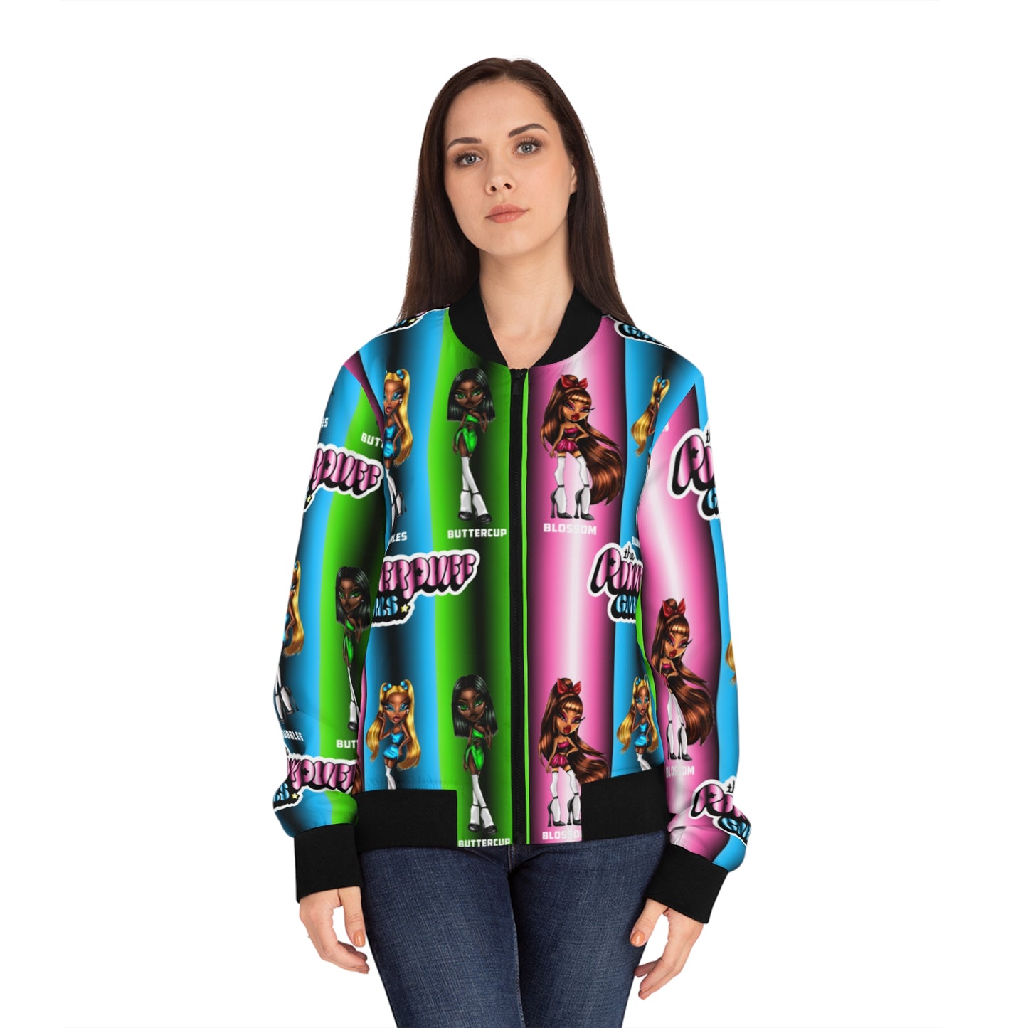 The Powerpuff girls gradient green blue and pink Women's Bomber Jacket (AOP)