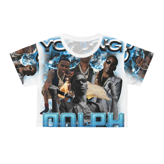 Young Dolph Blue on white AOP Crop Tee