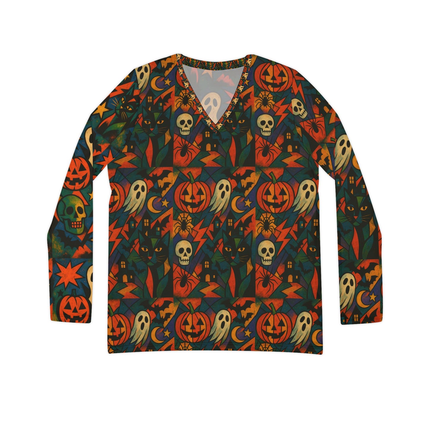 Halloween theme Long Sleeve V-neck Shirt, Rainbow Vibe Top, Gift for Her, Boho Style Apparel, Positive Energy Wear, Colorful Everyday Fashion