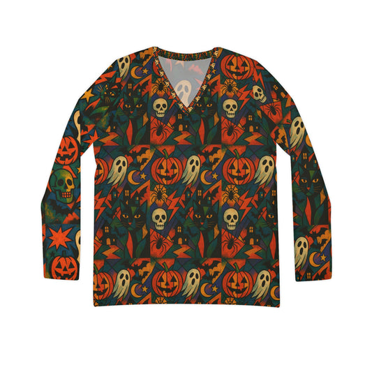 Halloween theme Long Sleeve V-neck Shirt, Rainbow Vibe Top, Gift for Her, Boho Style Apparel, Positive Energy Wear, Colorful Everyday Fashion