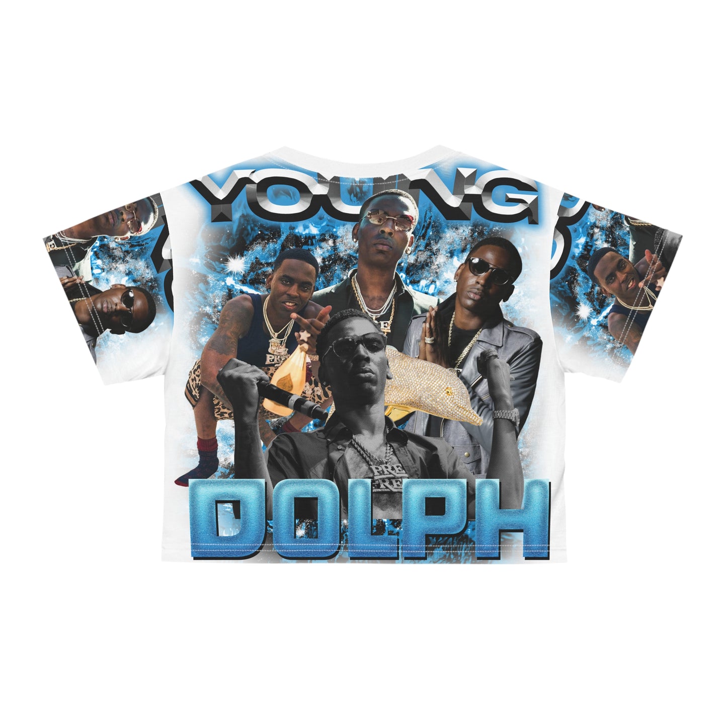 Young Dolph Blue on white AOP Crop Tee