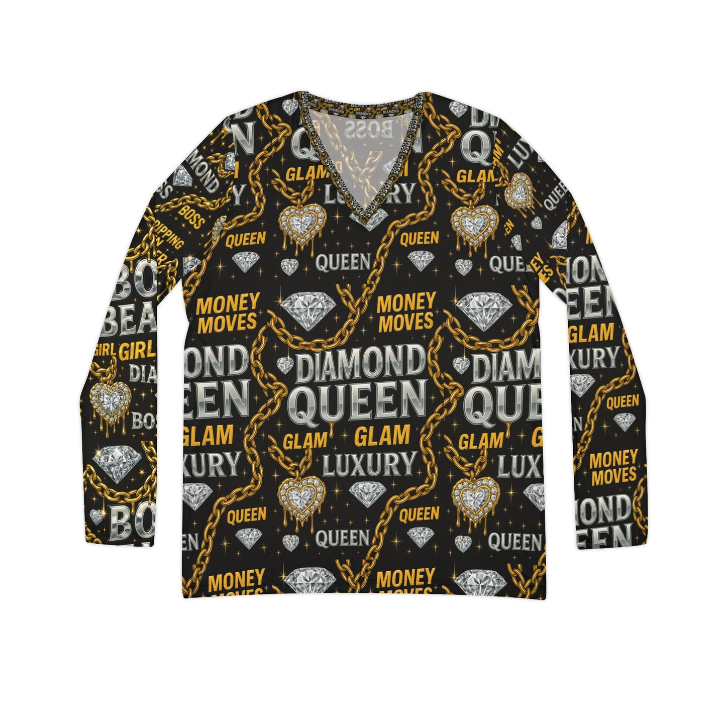 Diamond Queen Boss beauty Women's Long Sleeve Graphic V-Neck Shirt, Fun Comic Pop Art Top, Casual Wear, Gift for Her, Birthday Tee, Statement Shirt