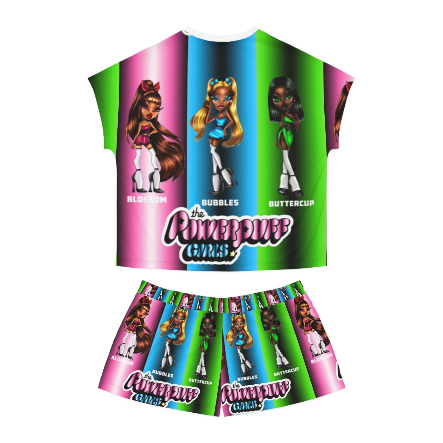 The Powerpuff girls gradient green blue and pink Women's Short Pajama Set (AOP)