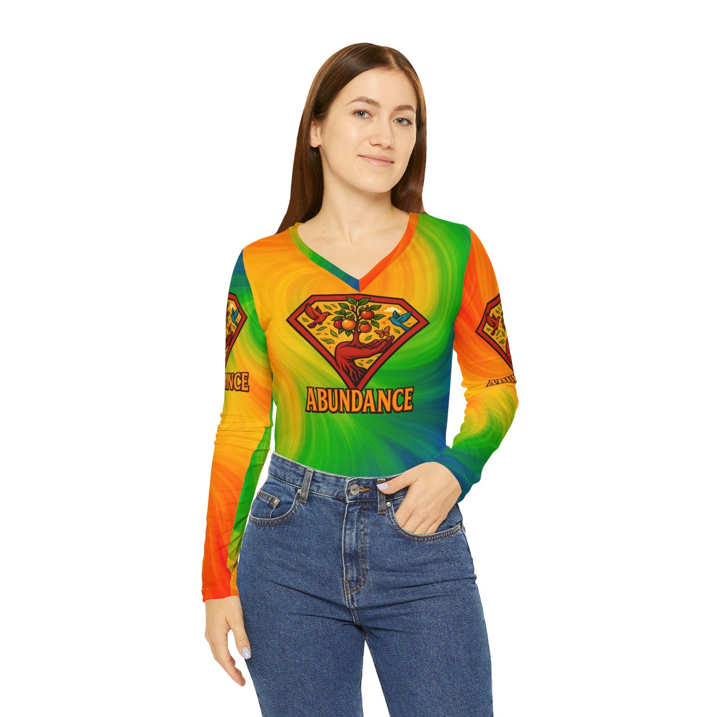 Abundance Long Sleeve V-neck Shirt, Rainbow Vibe Top, Gift for Her, Boho Style Apparel, Positive Energy Wear, Colorful Everyday Fashion