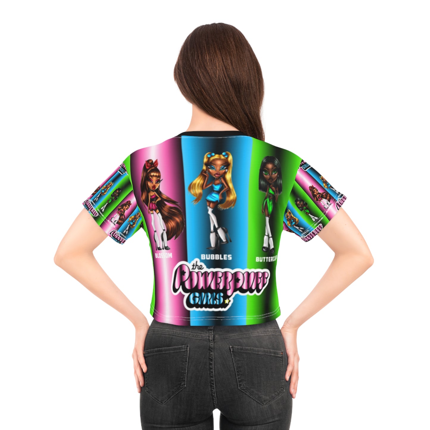 Powerpuff girls gradient green blue and pink AOP Crop Tee