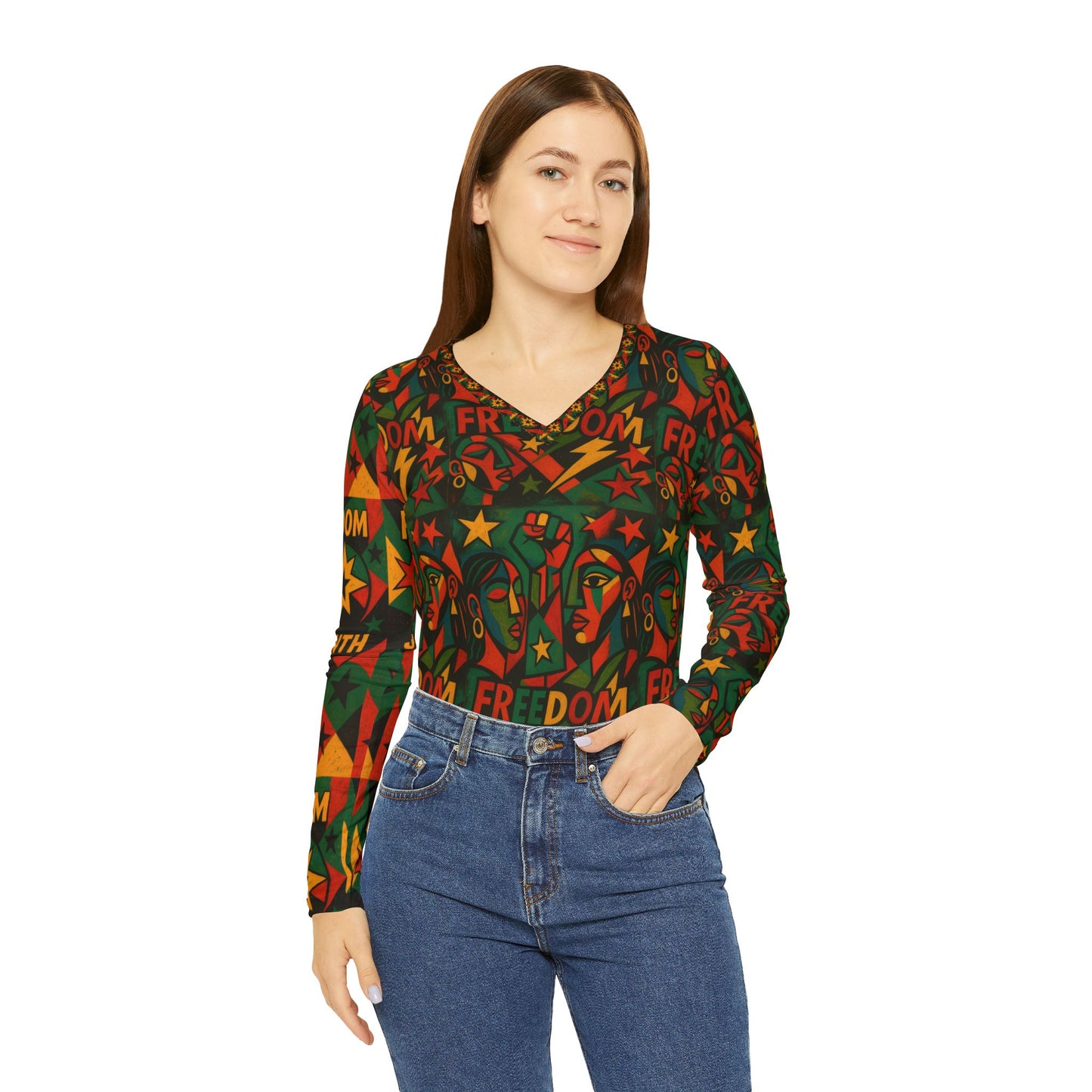 Juneteenth ,freedom theme Women's Long Sleeve Graphic V-Neck Shirt, Fun Comic Pop Art Top, Casual Wear, Gift for Her, Birthday Tee, Statement Shirt