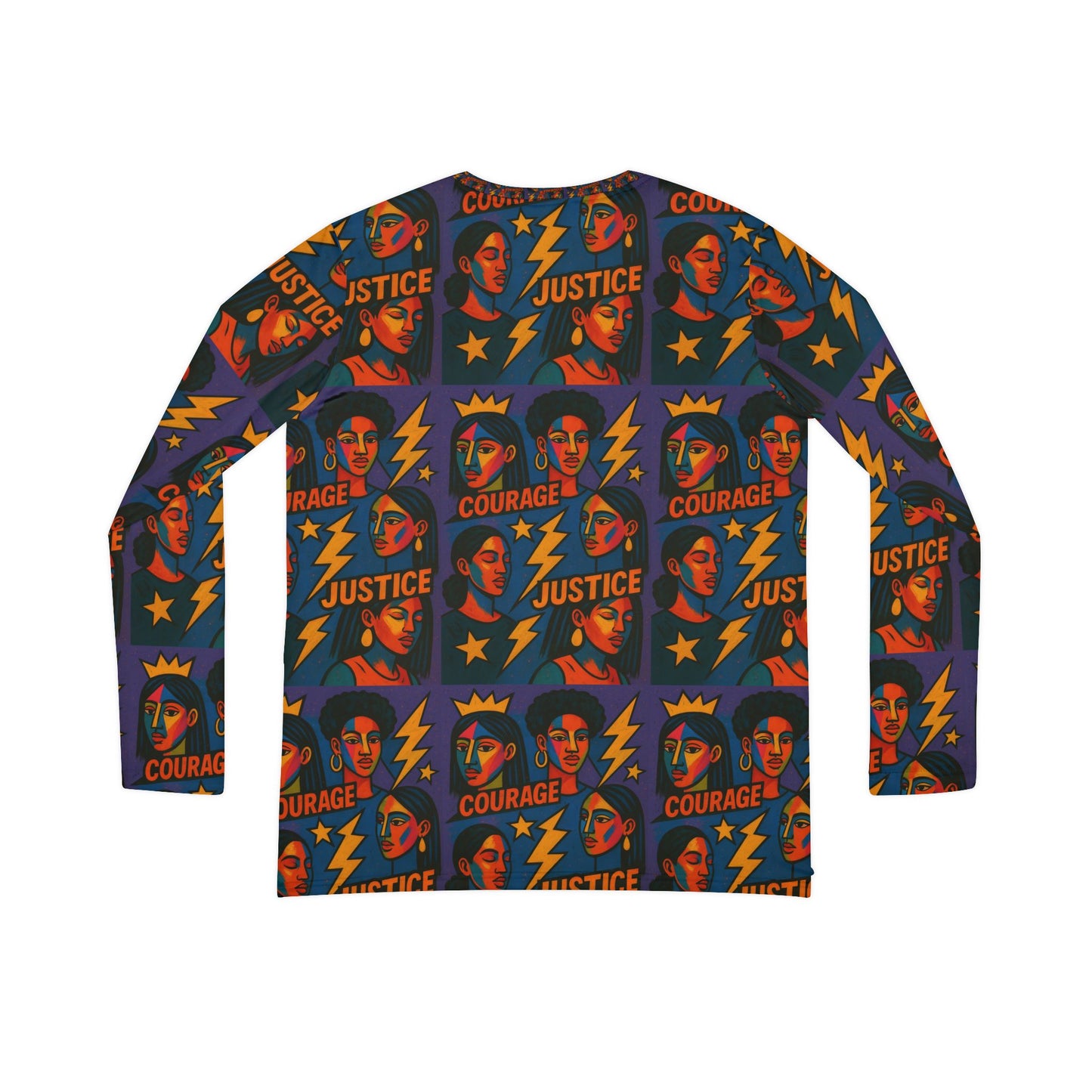 Courage ,Justice Long Sleeve V-neck Shirt, Rainbow Vibe Top, Gift for Her, Boho Style Apparel, Positive Energy Wear, Colorful Everyday Fashion