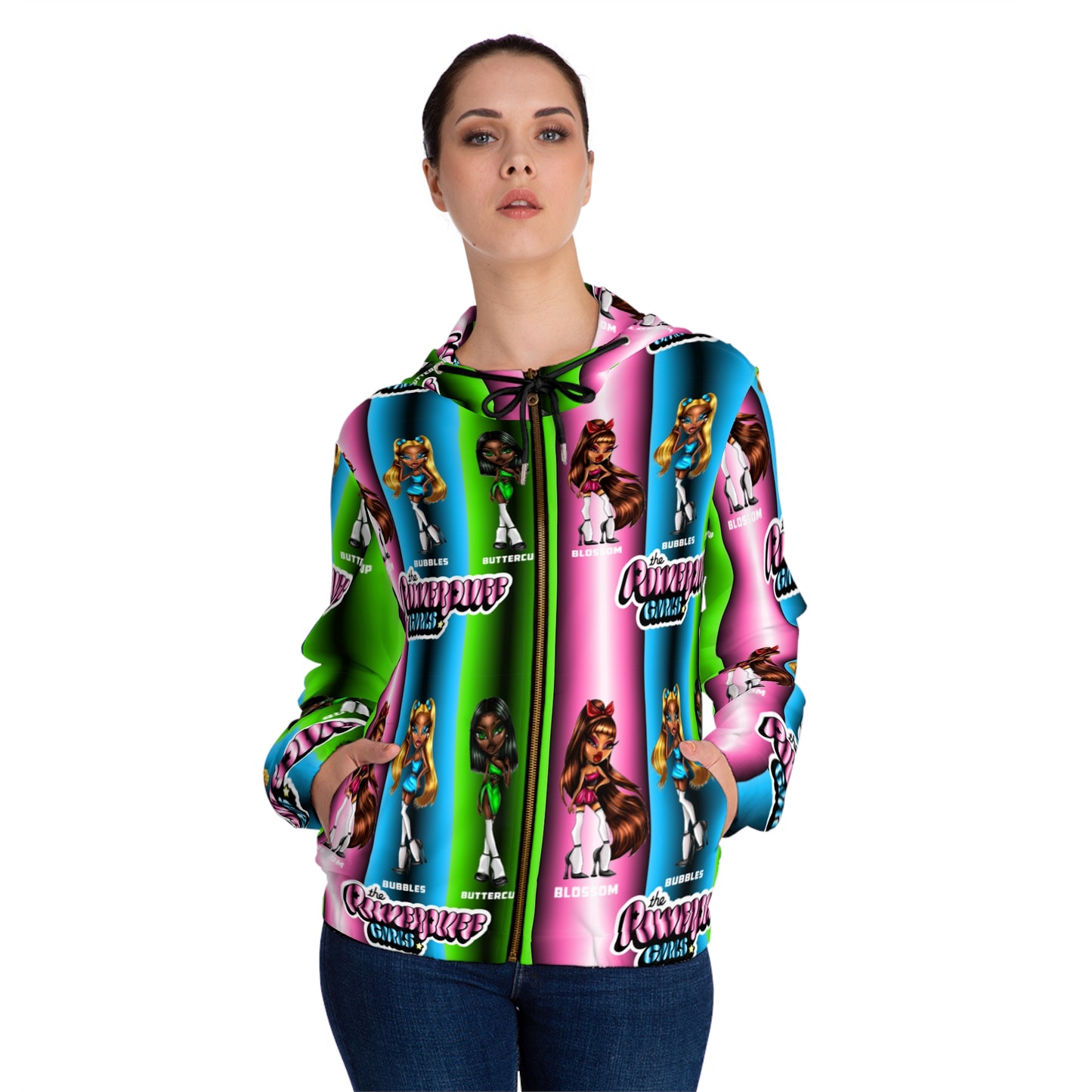 The Powerpuff girls gradient green blue and pink Womens Full-Zip Hoodie (AOP)