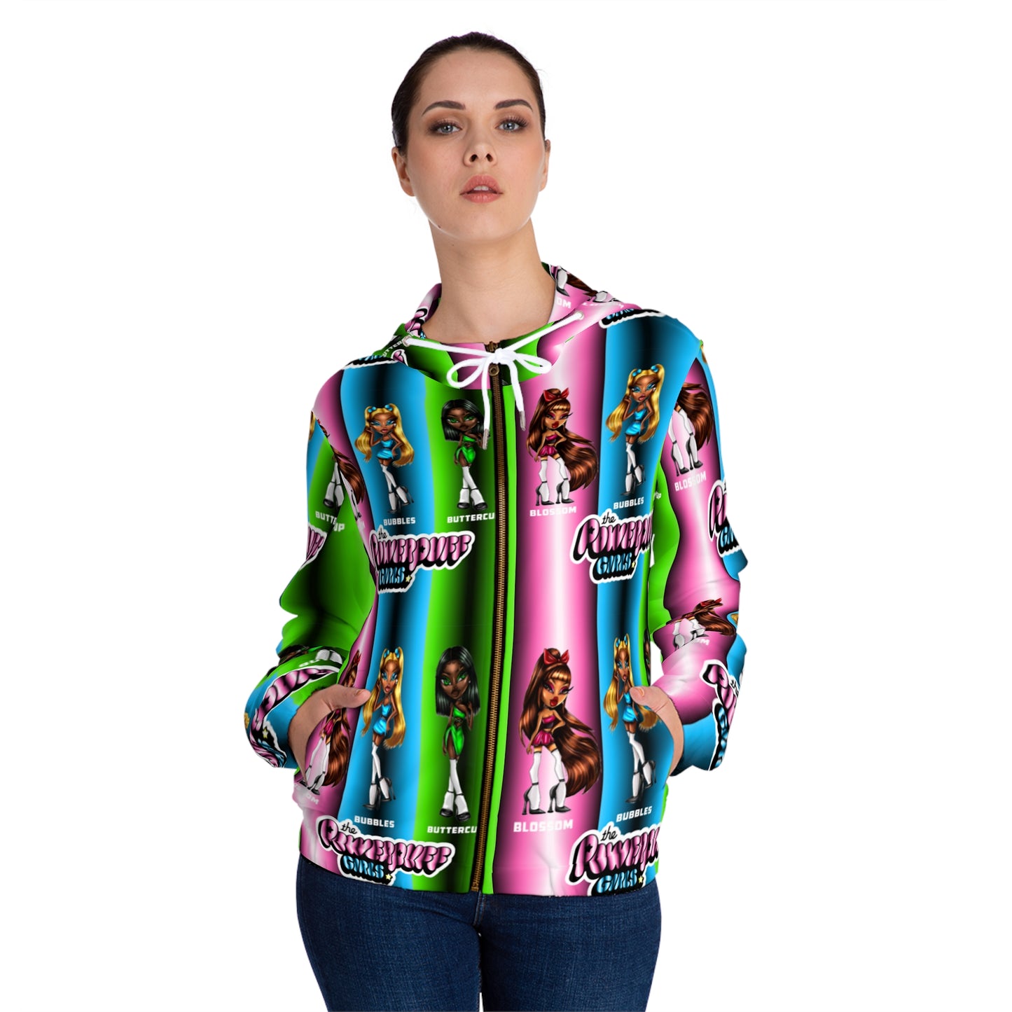 The Powerpuff girls gradient green blue and pink Womens Full-Zip Hoodie (AOP)