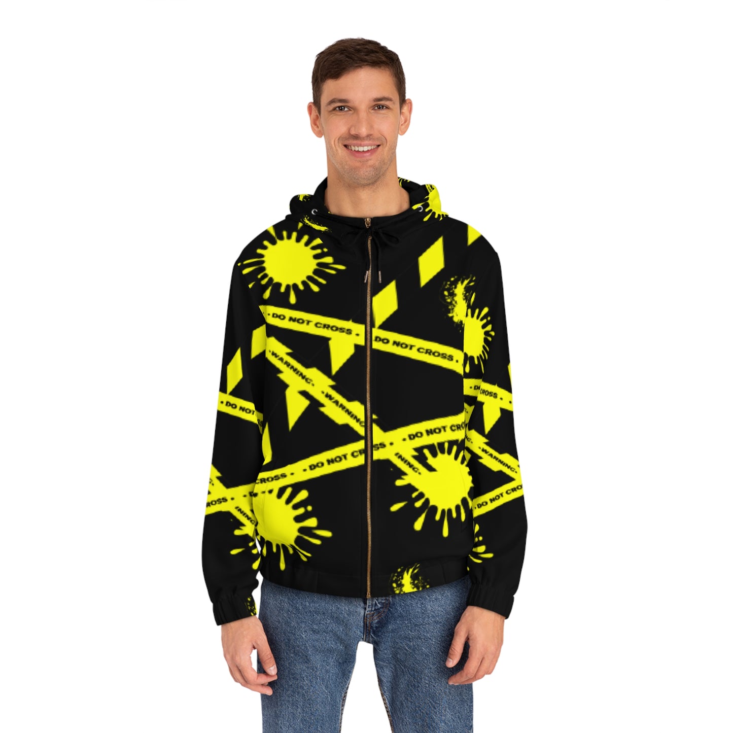 Caution ,do not cross ,black and yellow Men's Full-Zip Hoodie (AOP)