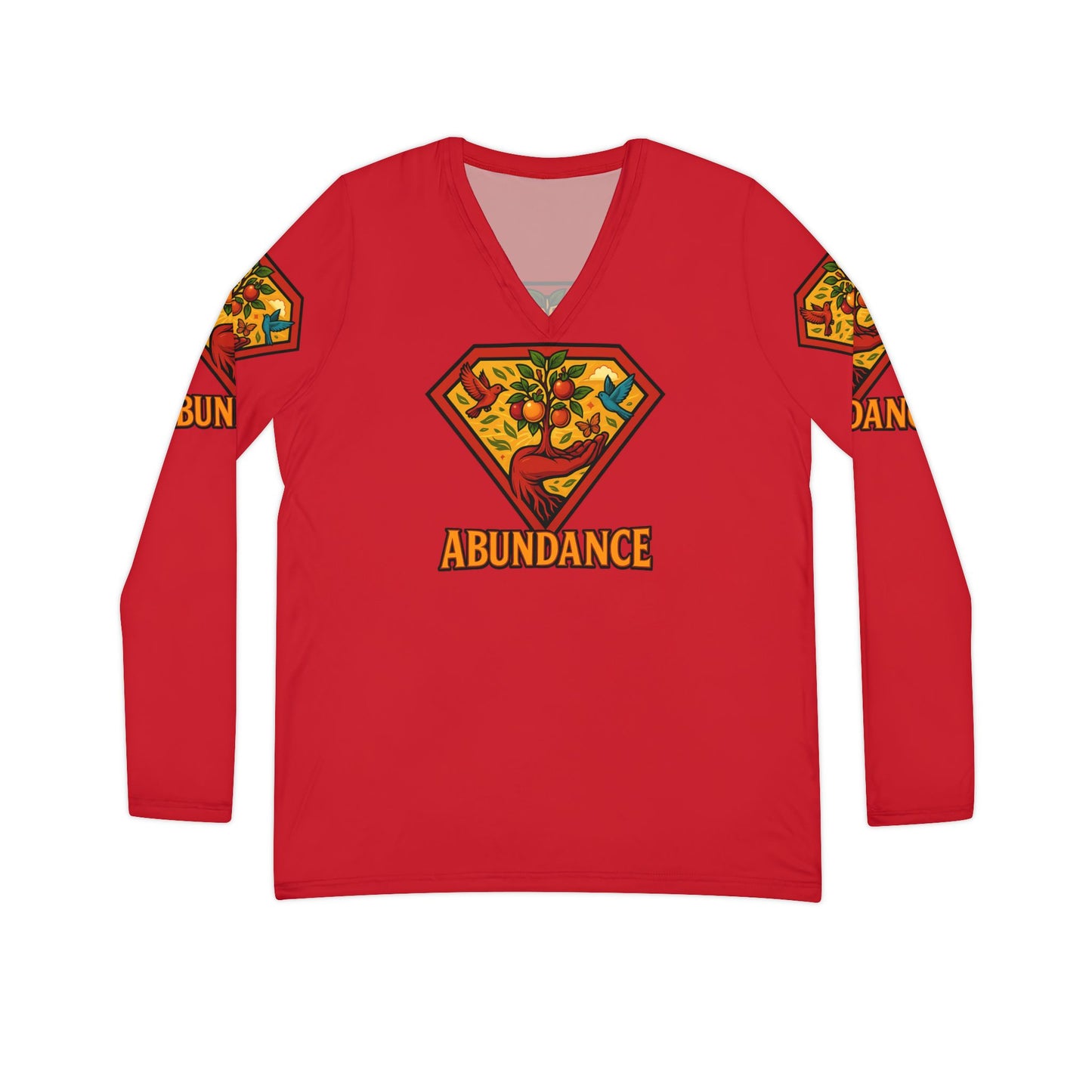 Abundance Long Sleeve V-neck Shirt, Rainbow Vibe Top, Gift for Her, Boho Style Apparel, Positive Energy Wear, Colorful Everyday Fashion