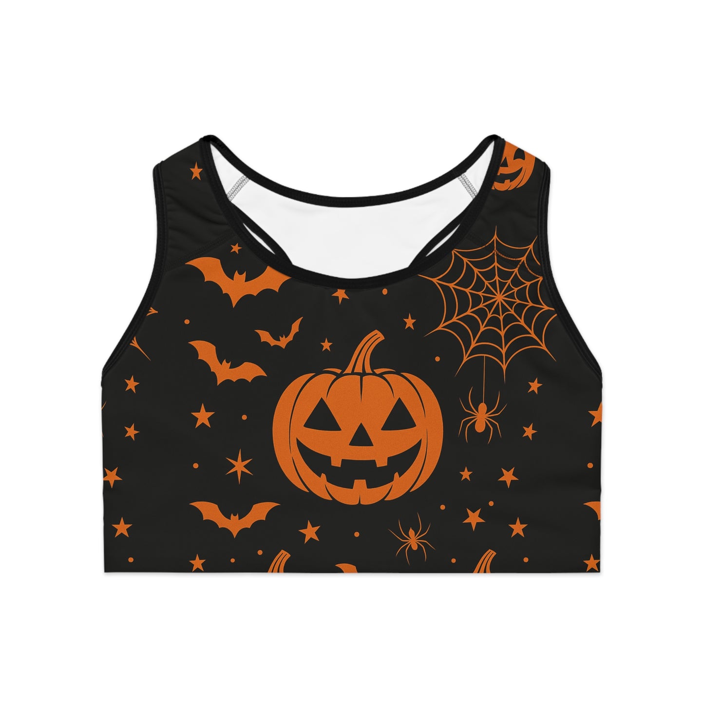 Halloween-Themed Sports Bra for Festive Workouts, Pumpkin Print Athletic Top, Spooky Fitness Gear, Holiday Activewear, Seasonal Gym Wear