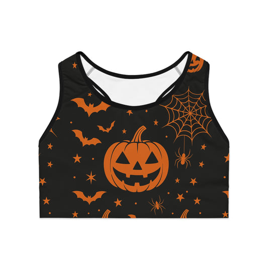 Halloween-Themed Sports Bra for Festive Workouts, Pumpkin Print Athletic Top, Spooky Fitness Gear, Holiday Activewear, Seasonal Gym Wear