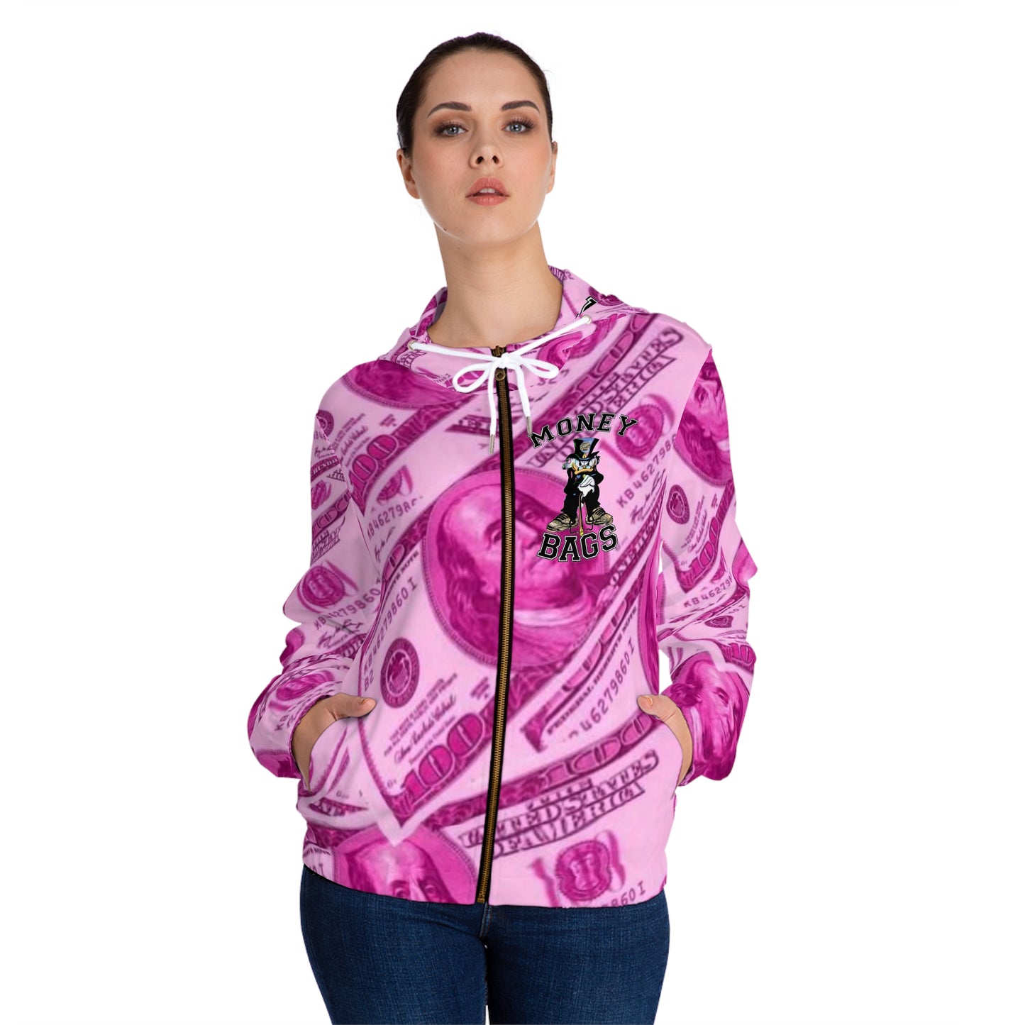 Money bags pink Women’s Full-Zip Hoodie (AOP)