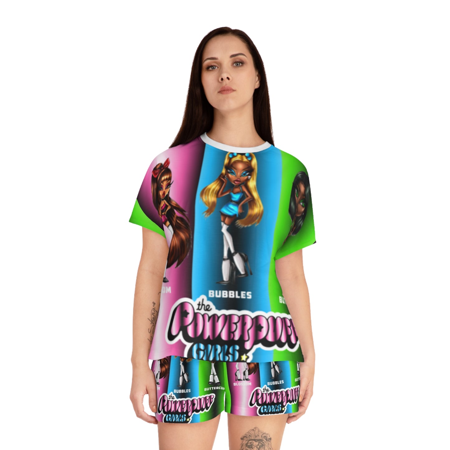 The Powerpuff girls gradient green blue and pink Women's Short Pajama Set (AOP)